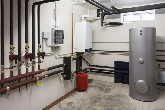 Local technique moderne avec chaudière murale blanche, ballon d'eau chaude vertical en inox, circuit de distribution avec collecteur à vannes rouges et tubes noirs isolés
