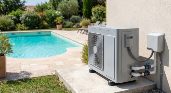 Pompe à chaleur air-air pour piscine installée en bordure de piscine résidentielle, avec unité extérieure visible en premier plan et bassin bleu-turquoise flou en arrière-plan. Installation en environnement résidentiel, jour, équipement neuf et bien entretenu.