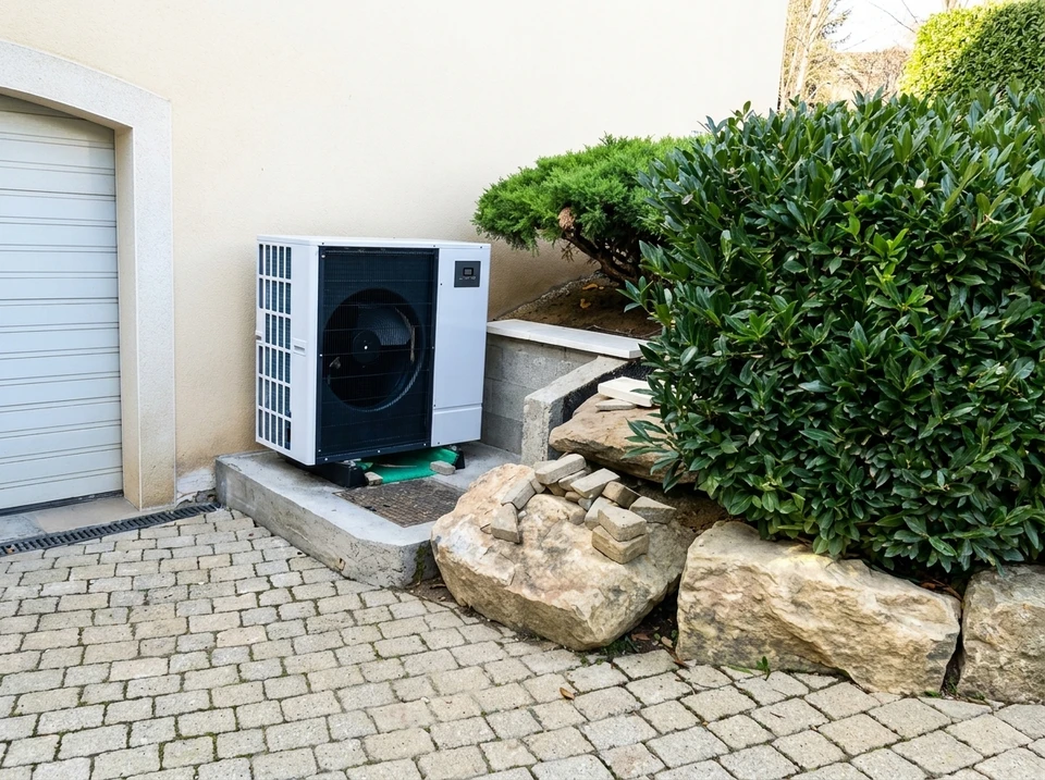 Un technicien en tenue de travail professionnelle effectuant l'installation ou la maintenance d'une unité intérieure de climatisation réversible (de type cassette ou mural) dans un intérieur résidentiel, montrant clairement le professionnalisme et la précision du travail. L'image doit mettre en évidence à la fois la dimension installation/maintenance et transmettre une impression de compétence et de confiance.