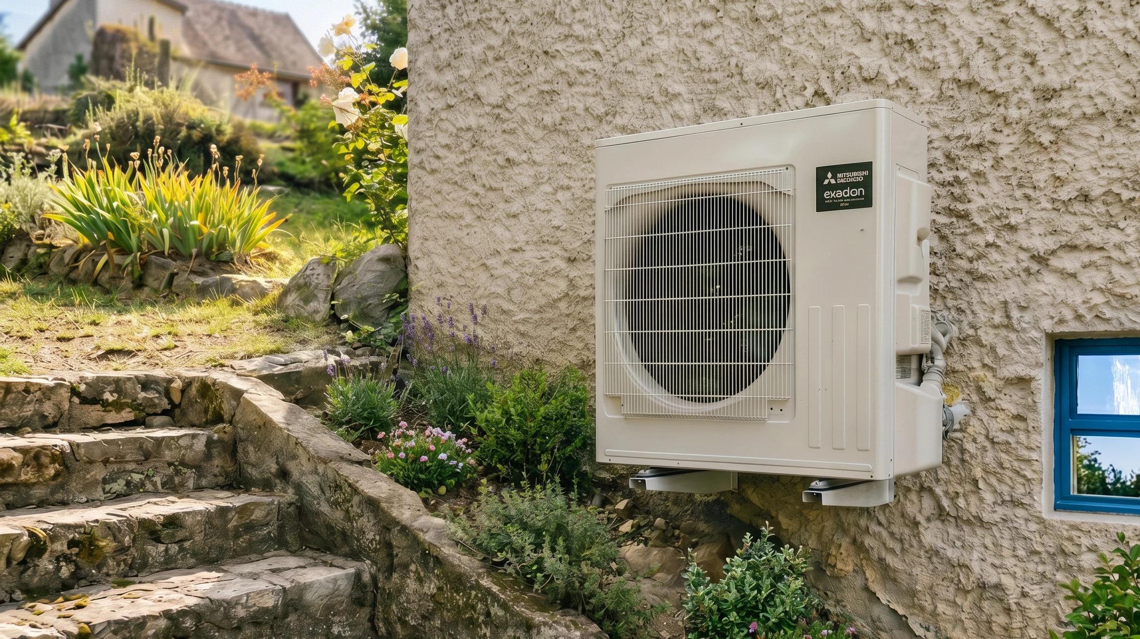 Technicien en tenue professionnelle effectuant l'installation ou la maintenance d'une unité intérieure de climatisation réversible fixée au mur dans un intérieur résidentiel moderne, montrant clairement le système de type split de climatisation, avec le technicien en position de travail professionnel et concentré sur son intervention.
